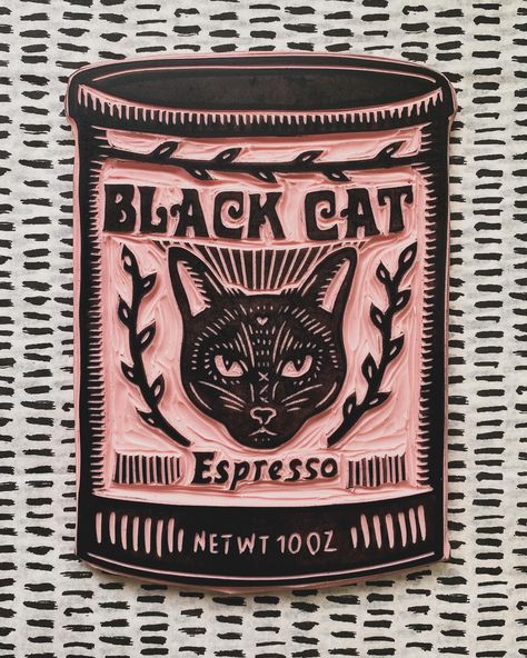 Freshly carved + freshly brewed. 🐈‍⬛ ☕️ A fun new block! (And before you ask, yes the image has been flipped so you can read the text!) This will a multilayer print, and I’m dreaming up color schemes now. Excited to get to printing with this one, it’s an idea I’ve had rolling around in my head for awhile now. Carved Stamps Ideas, Linocut Text, Block Print Ideas, Blockprint Ideas, Stamp Design Ideas, Block Printing Ideas, Simple Linocut, Lino Print Ideas, Print Making Designs