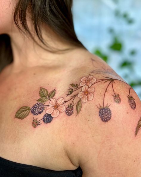 • Blackberries for Renee • I would love to do more chest/collarbone pieces in the future - It’s one of my all time favorite placements… | Instagram Brambley Hedge Tattoo, Mulberry Branch Tattoo, Blackberry Tattoo Color, Blackberry Shoulder Tattoo, Cottagecore Chest Tattoo, Strawberry Shoulder Tattoo, Strawberry Collarbone Tattoo, Vegetable Garden Tattoo, Rosehip Tattoo