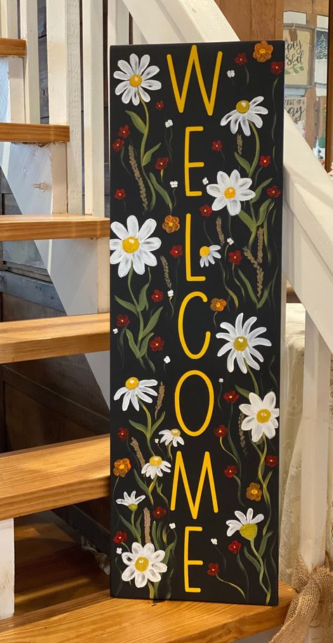 Large Porch Signs Diy, Welcome Porch Signs Diy, Welcome Board Front Porch, Welcome Sign Ideas Entryway, Welcome Canvas Painting, Spring Welcome Boards, Welcome Sign Porch, Welcome Sign Painting Ideas, Wooden Sign Painting Ideas