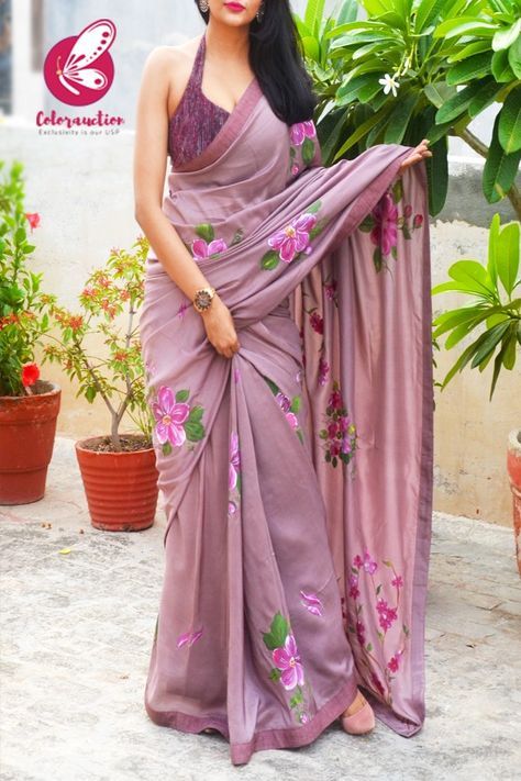 Mauvish Hand Painted Floral Pure Silk Chiffon Saree - Sarees Hand Painted Sarees Floral, Sifon Saree, Saree Designs Latest, Pure Cotton Sarees, Painted Saree, Floral Sarees, Saree Painting Designs, Pure Chiffon Sarees, Cotton Saree Blouse Designs