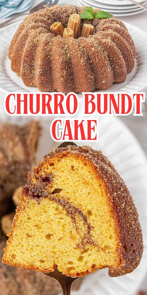 Churros Bundt Cake infused and coated with cinnamon-sugar, giving it that classic churros crunch and sweetness! Easy and delicious! Churros Cake Recipe Easy, Cinnamon Churro Cake, Guava Bundt Cake, Churro Bundt Cake Recipes, Churro Cake Recipe Easy, Churro Cake With Box Cake, Churro Inspired Desserts, Thanksgiving Bundt Cake Ideas, Churro Bundt Cake