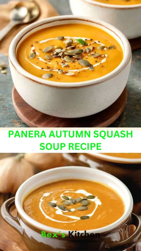 Panera Autumn Squash Soup Recipe – Bex’s Kitchen Fall Soups With Butternut Squash, Patty Pan Squash Soup, Squash Soup Recipes Butternut, Soup Recipes Squash, Panera Pumpkin Soup Recipe, Butter Squash Soup Recipes, Panera Butternut Squash Soup Copycat, Squash Soup Panera Copycat Recipes, Autumnal Soup Recipes