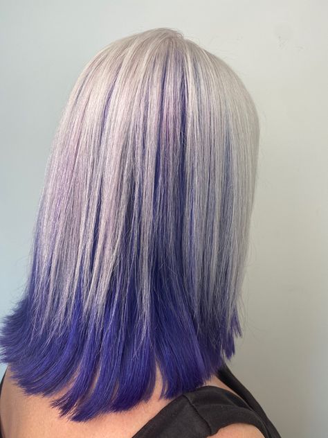 Purple And Silver Hair Split Dye, Platinum Blonde With Purple Underneath, Purple Underneath Hair Blonde, Underneath Dyed Hair For Blondes, Blonde Hair With Purple Underneath, Blonde Hair With Purple Highlights, Purple And Blonde Hair, Purple Underneath Hair, Blonde And Purple