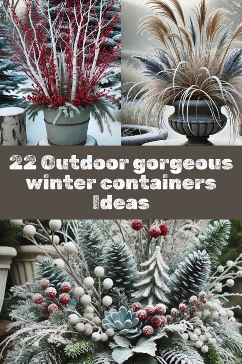 22 Outdoor Gorgeous Winter Containers Ideas to Transform Your Space Rustic Container Garden Ideas, Evergreen Arrangements Outdoor, Winter Outside Decor Pots & Planters, Winter Plant Pot Ideas, Outdoor Potted Plants For Winter, Winter Garden Pots Outdoor, Winter Front Yard Landscaping, Winter Planters Outdoor Cold Weather, Christmas Containers Outdoor