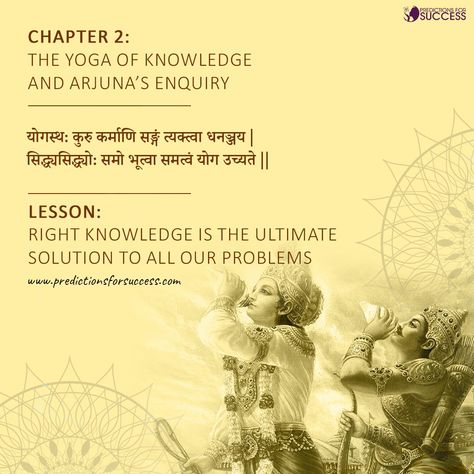 There are 72 verses in chapter 2. Meaning of the above shloka - (Chapter 2, Verse 48 ) Remaining steadfast in yoga, oh! Dhanañjaya, perform actions, abandoning attachment, remaining the same to success and failure alike. This evenness of mind is called yoga. Relevance to our life - This is the most important chapter of the Bhagavad Gita. We learn the important lesson of having control over our minds🧠. Lord Krishna is trying to help Arjun see that there is more to life than just our mere expec Arjun Krishna Bhagavad Gita, Bhagavad Gita Lessons, Bhagwat Geeta Teachings, Krishna Mantra Bhagavad Gita, Krishna Quotes In Sanskrit Bhagavad Gita, Bhagvat Gita Quotes In Sanskrit, 2 Meaning, Bhagwad Gita, Bhagwat Geeta