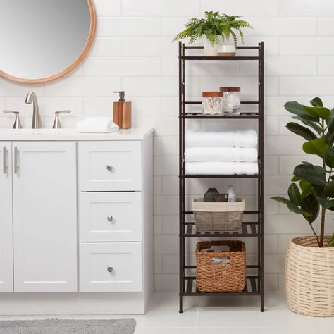 Bathroom Standing Shelf, Bathroom Shelf Unit, Small Bathroom Storage Ideas, Bathroom Shelving Unit, Decorative Storage Cabinets, Laundry Cabinet, Target Threshold, Ladder Shelves, Freestanding Bathroom Storage