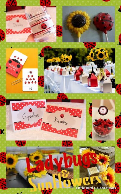 Sunflowers and Ladybugs Pre-Made Party Theme Kit Inspiration Board on www.littlebirdcel... Sunflower And Ladybug, Sunflower Party Themes, Ladybug Cupcakes, Ladybug Baby Shower, Ladybug Baby, Sunflower Party, Baby Ladybug, Ladybug Theme, Sunflower Baby Showers