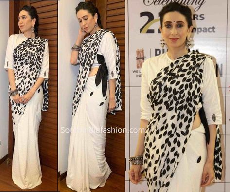 Gorgeous White White And Black Saree, Stylish Saree Look, Black And White Saree, Half And Half Saree, Amrapali Jewels, Karishma Kapoor, Stylish Saree, Saree Wearing Styles, Karisma Kapoor