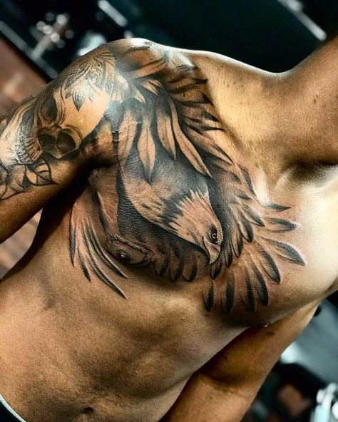 Half Chest Tattoo, Chest Tattoo Designs Female, Owl Tattoo Chest, Lion Chest Tattoo, Eagle Chest Tattoo, Arm Tattoos Black, Tattoo Font For Men, Fire Fighter Tattoos, Throat Tattoo