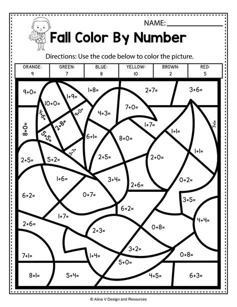 Fall Color By Number - Addition Math Worksheets and activities for preschool, kindergarten and 1st grade kids perfect for morning work and math centers. These worksheets are no prep and will help teachers save time during the school year. Math pages is a no prep packet packed full of worksheets and printables to help reinforce math skills in a fun way. #christmas #math #worksheets #kindergarten Addition Coloring Worksheet, Coloring Worksheets For Kindergarten, Kindergarten Math Worksheets Addition, Kindergarten Math Free, Number Worksheet, Fun Math Worksheets, Math Coloring Worksheets, Kindergarten Addition Worksheets, Math Addition Worksheets