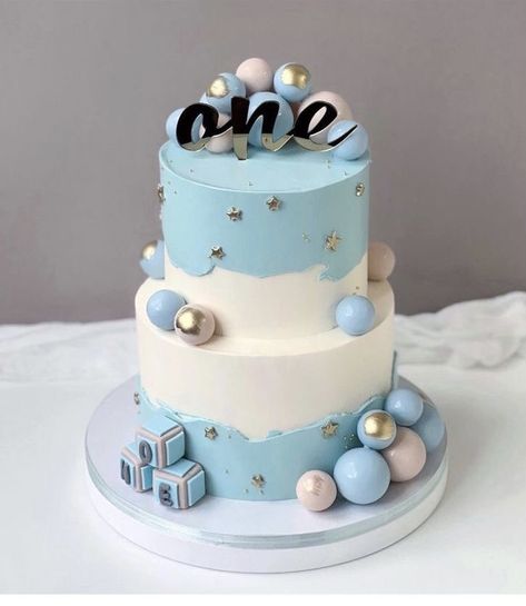 Unisex Cake Design, Two Tier First Birthday Cake, 1st Birthday Cake Boy Without Fondant, 2 Tier Birthday Cake Boy, Birthday Cake 2 Year Boy, Cake Designs For Baby Boy, 1 Year Baby Boy Birthday Cake Ideas, Baby Boy Birthday Cake 1 Year, 1st Bday Cake For Boy