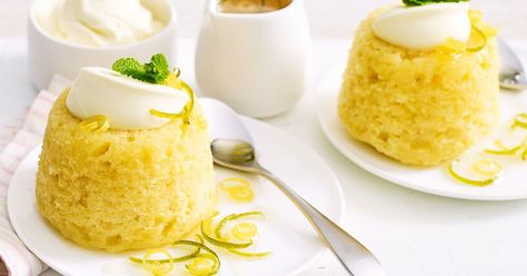 Create the ultimate winter dessert with these lemon, lime and coconut steamed puddings drizzled with a citrus syrup and a dollop of cream. Steam Oven Cooking, Steamed Puddings, Steam Oven Recipes, Steamed Pudding, Cooking Websites, Custard Desserts, Coconut Pudding, Steam Recipes, Coconut Desserts