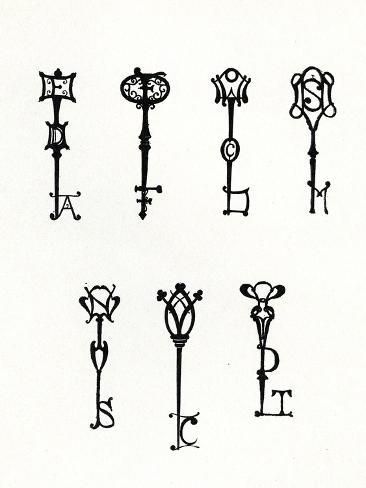 size: 12x9in Giclee Print: Seven Designs of Initial Keys for the Back Covers of the 'Keynote' Series (Litho) by Aubrey Beardsley : A prominent leader of Aestheticism, British artist Aubrey Beardsley (1872 - 1898) created complex, stunning and often controversial black-and-white linear designs. Originally a clerk, Beardsley was strongly influenced by the elegance of Art Nouveau and the boldness of Japanese woodcuts. He illustrated Sir Thomas Malory's Le Morte Darthur, The Yellow Book and several Tattoo Catalog, Nouveau Tattoo, Japanese Woodcut, Irish Tattoos, Black White Tattoos, Aubrey Beardsley, Page Decoration, Giclee Painting, Keys Art