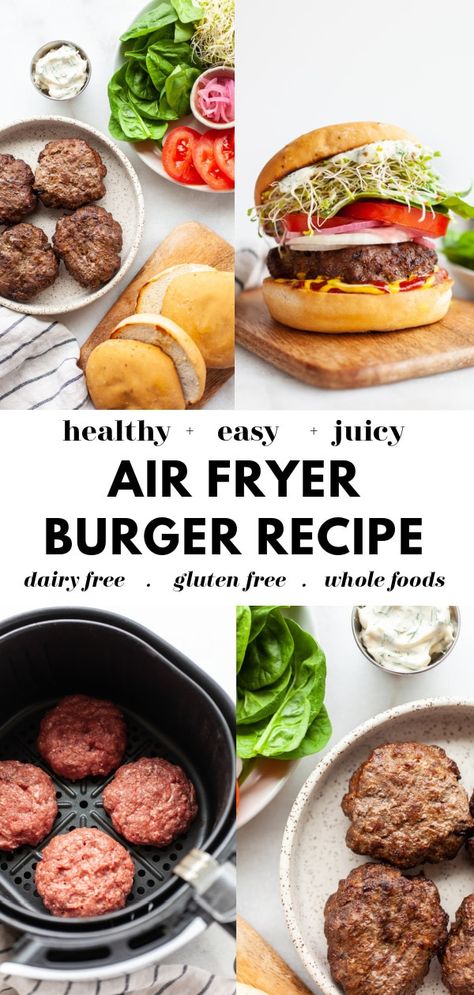 Looking for air fryer recipes? Try this air fryer burger with a fresh lean ground beef burger patty (or try turkey or chicken). This juicy and tender burger is gluten free, dairy free, topped with all the best healthy fixings, plus it’s super easy to make! Gluten Free Burger Recipes, Gluten Free Burgers, Burger Recipes Healthy, Beef Burger Patty Recipe, Ground Beef Burger Recipe, Air Fryer Hamburgers, Air Fryer Burgers, Healthy Burgers, Beef Patties Recipes