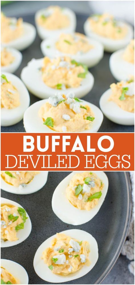 Buffalo Deviled Eggs – spicy buffalo deviled eggs topped with blue cheese. Perfect for a party! Blue Cheese Deviled Eggs, Buffalo Deviled Eggs, Thanksgiving Deviled Eggs, Buffalo Sauce Recipe, Spicy Deviled Eggs, Devilled Eggs Recipe Best, Best Deviled Eggs, Party Food Recipes, Tailgating Recipes