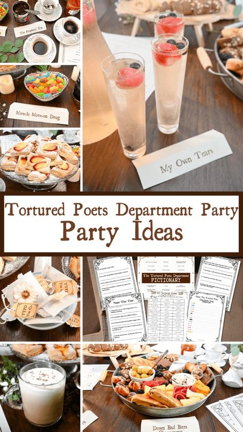 The Tortured Poets Department Easy Party Ideas | The TipToe Fairy Ttpd Themed Food, Tortured Poets Department Party Food, Taylor Swift Tortured Poets Department Party, Ttpd Themed Party, Tortured Poets Party, Eras Party Food, Eras Tour Food Ideas, Tortured Poets Department Party, Ttpd Party Ideas