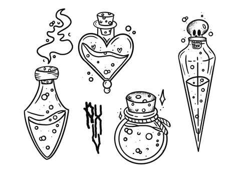 Mini Potion Bottle Tattoo, Harry Potter Potion Bottles Drawing, Matching Potion Tattoos, Potion Bottle Tattoo Ideas, Witch Core Drawing, Heart Shaped Bottle Tattoo, Tiny Potion Bottle Tattoo, Potion Bottle Line Art, Simple Potion Bottle Tattoo Design