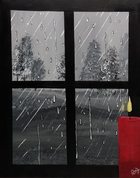 Rain On Window Drawing, Drawing Rain, Rain Window, Rainy Window, Candle Drawing, Window Drawing, Window Candles, Landscape Artwork, Art For Kids