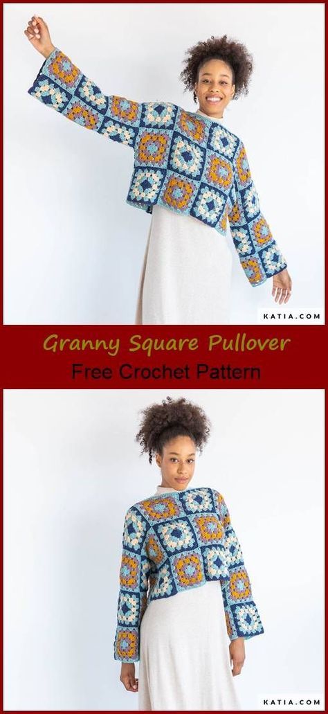 Mini Granny Square Pullover Free Crochet Pattern Granny Square Long Sleeve Top Pattern, Granny Square Sweater Maggie's Crochet, Granny Square Crochet Shirt Pattern, Granny Square Cardigan Layout Pattern, Granny Square Jumper Layout, Crochet Granny Square Jumper Free Pattern, Easy Granny Square Sweater, Crochet Granny Square Sweater Layout, Crochet Square Jumper