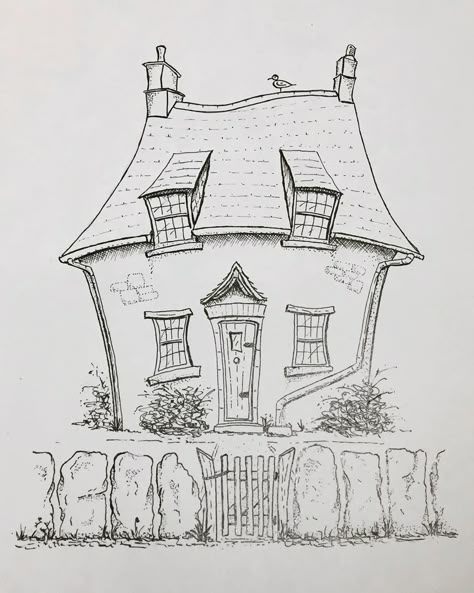 This lovely old cottage can be found in the Cotswolds, UK, and is built with the local stone. I love the gravestone-like slabs used as a… Cute House Drawing Cottages, Cottage Drawing Simple, Old House Illustration, Cute Cottage Drawing, Cottage House Drawing, Old House Drawing, Cottage Sketch, Whimsical Buildings, Cottage Drawing