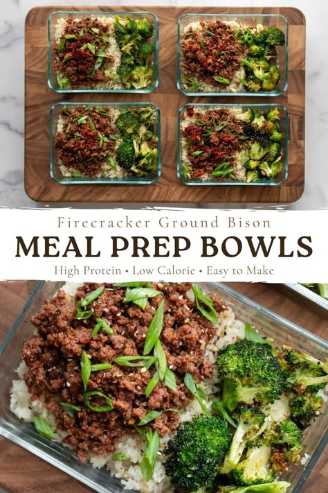 Bison Meal Prep, High Protein Bowls, Bison Meat Recipes, Ground Bison Recipes, Firecracker Sauce, Bison Recipes, Recipes Meal Prep, Ground Bison, Bison Meat