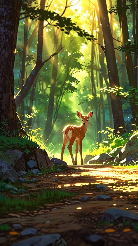 in a forest! #fawn | #deer | #babydeer | #deerwallpaper Deer In Woods Drawing, Deer Art Cute, Deer In Forest Drawing, Deer Digital Art, Forest Illustration Kids, Deer Art Illustration, Deer And Butterfly, Deer In Woods, Deer Background