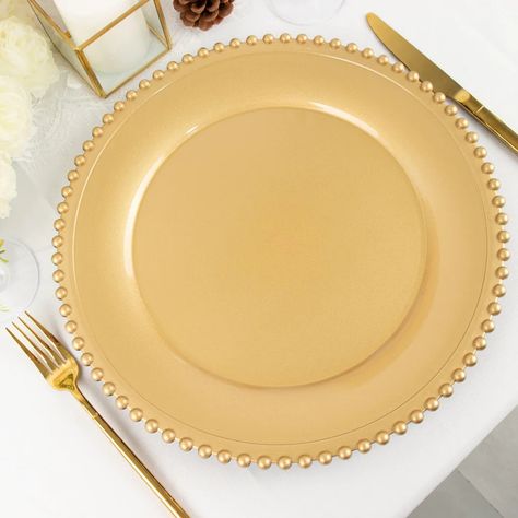 Explore our 6-pack of 12" gold acrylic plastic beaded rim charger plates. Perfect for adding a touch of elegance to your dining. ✓ Get yours now! Gold Charger Plates Wedding, Wicker Chargers, Acrylic Charger Plates, Disposable Serving Trays, Gold Charger Plates, Charger Plates Wedding, Gold Charger Plate, Plates Wedding, Pipe And Drape Backdrop