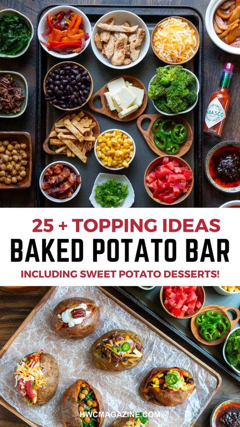 Essen, Loaded Potato Bar, Potato Bar Party, Baked Potato Bar Toppings, Sweet Potato Desserts, Potato Bar Toppings, Potato Desserts, Mashed Potato Bar, Baked Potato Toppings