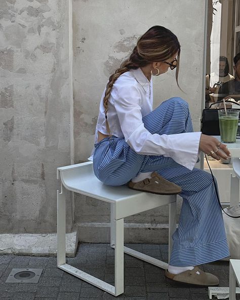 MARINA NORJES on Instagram: "slow days pj looks 💙 (3rd one is me waiting for my matcha mochi 🙈)" Striped Pj Pants Outfit, Striped Blue Pants Outfit, Outfits With Pj Pants, Pijama Pants Outfit, Style Birkenstock Clogs, Pj Pants Outfit, Blue Striped Pants Outfit, Pijama Outfit, Striped Pants Outfit