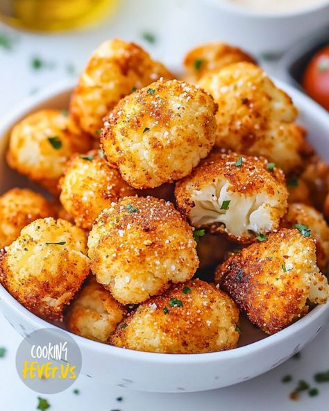 Crispy Parmesan Cauliflower Bites Crispy Parmesan Cauliflower, Sunlit Kitchen, Crispy Cauliflower Bites, Crispy Cauliflower, Parmesan Cauliflower, Cooking Fever, Chicken Breast Cutlet, Spicy Aioli, Cheesy Cauliflower