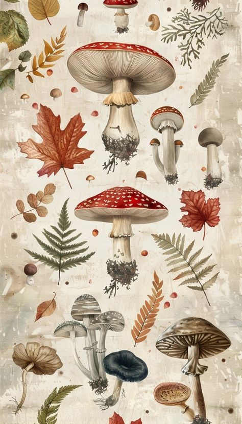 Mushroom Poster Vintage, Mushroom Botanical Illustration, Illustrated Mushrooms, Witchy Botanical, Drawn Mushrooms, Vintage Mushroom Art, Mushrooms Illustration, Mushroom Patterns, Vintage Flower Illustration