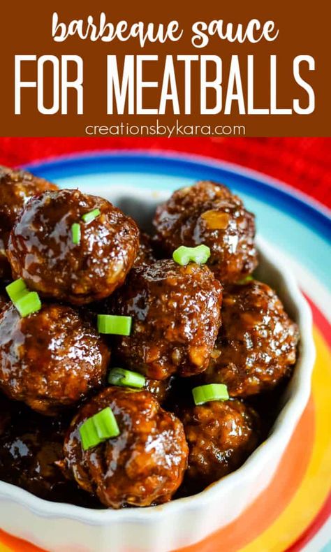 Recipe for BBQ meatballs - Add a few ingredients to your favorite BBQ sauce to make these sweet and savory barbeque meatballs. They will make you the star of any party or potluck! #bbqmeatballs #barbequemeatballs #bbqsauce #barbequesauce #meatballs -from Creations by Kara Bbq Meatball Recipe, Meatballs Chicken, Honey Garlic Meatballs, Garlic Meatballs, Bourbon Chicken Recipe, Bbq Meatballs, Meatball Sauce, Crock Pot Meatballs, Slow Cooker Meatballs