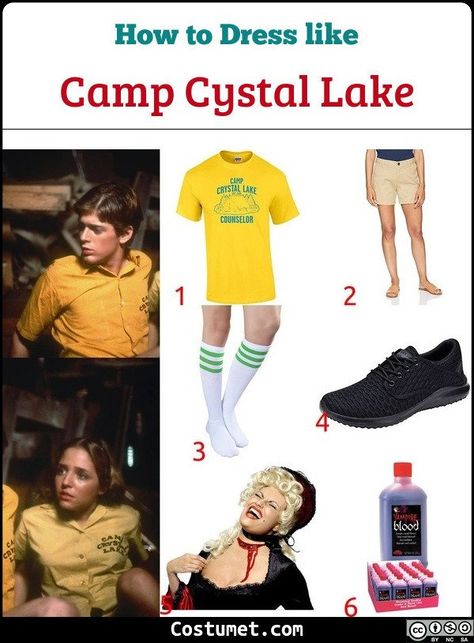 If you want to look like Camp Crystal Lake counsellor, the basics that you’ll want to get are: a Camp Crystal Lake-themed shirt, beige shorts, white knee-high socks, and a pair of sneakers.            #FridayThe13th #male #movies #female #couple #FridayThe13th Crystal Lake Camp Counselor Costume, Camp Crystal Lake Theme Party, Camp Crystal Lake Party, Camp Crystal Lake Counselor Costume, Camp Counselor Costume, Friday The 13th Outfit, Lake Theme Party, Camp Crystal Lake Shirt, Camp Crystal Lake Counselor