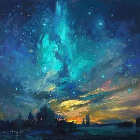 Milky Way Paintings, Galaxy Painting Oil Paint, Celestial Oil Painting, Oil Painting Landscape Impressionism, Star Oil Painting, Aurora Oil Painting, Oil Painting Galaxy, Space Oil Painting, Oil Pastel Night Sky