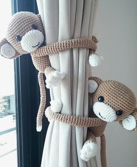 Hantverk Diy, Projek Menjahit, Crochet Monkey, Crochet With Cotton Yarn, Pola Amigurumi, Crochet Curtains, Haken Baby, Baby Bedroom, Curtain Tie Backs