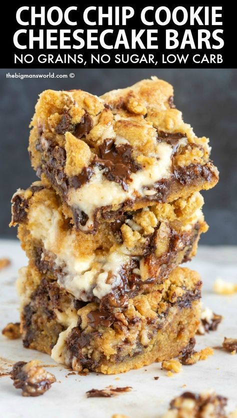 Cheesecake Base Recipe, Chocolate Chip Cookie Cheesecake Bars, Cookie Cheesecake Bars, Thm Sweets, Chocolate Chip Cheesecake Bars, Chocolate Chip Cookie Cheesecake, Cookie Cheesecake, Dairy Free Cream Cheese, Keto Chocolate Chip Cookies