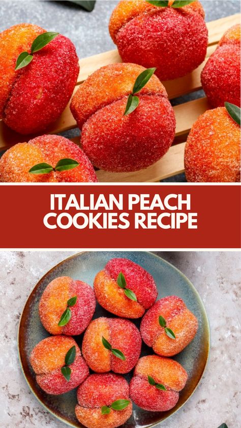 Italian Peach Cookies recipe made of soft, buttery dough filled with sweet peach preserves, resembling the shape and color of real peaches serve 8 takes about 1 hour to prepare and bake, making them a delightful treat for any occasion. Peach Shaped Cookies, Italian Peach Cookies Recipes, Peaches And Cream Cookies, Peach Deserts Ideas, Peach Baked Goods, Peach Desserts With Fresh Peaches, Peach Recipes Dessert, Italian Peach Cookies, Peach Cookies Recipe