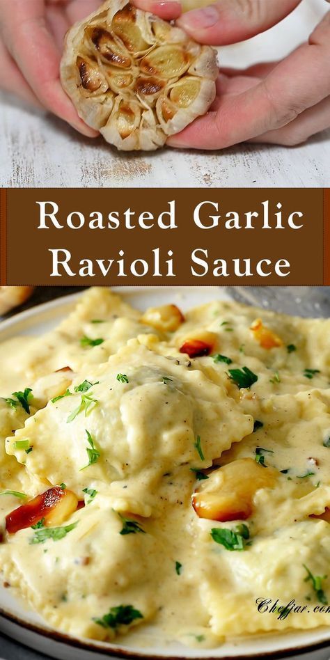 You will love this ravioli with this dreamy, creamy garlic sauce! Small Portion Meal Recipes, Homemade Ravioli Sauce Recipe, Homemade Toasted Ravioli, Meals With Onions, Chicken Mozzarella Ravioli Sauce, Rana Chicken And Roasted Garlic Ravioli, Heart Ravioli Recipe, Stuffed Ravioli Recipes Sauces, Ravioli Stuffing Recipe