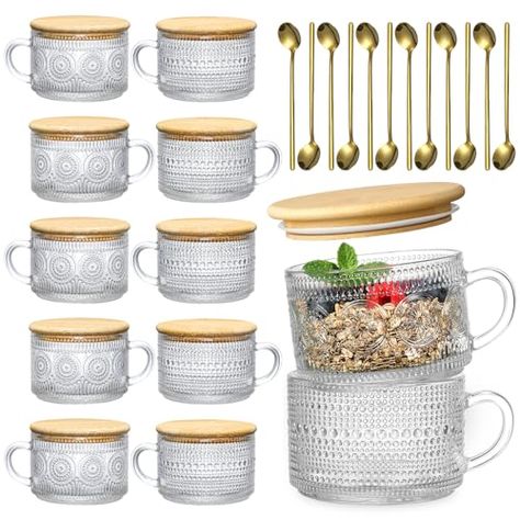 LANDNEOO 12pcs Set Irish Coffee Glasses, Vintage Coffee Mugs, Overnight Oats Containers with Bamboo Lids and Spoons - 14oz Clear Embossed Glass Cups, Cute Coffee Bar Accessories, Iced Coffee Glasses Coffee Bar Accessories, Coffee Glasses, Gold Spoon, Glass Coffee Cups, Kitchen Must Haves, Coffee Cup Set, Glasses Vintage, Irish Coffee, Apartment Life