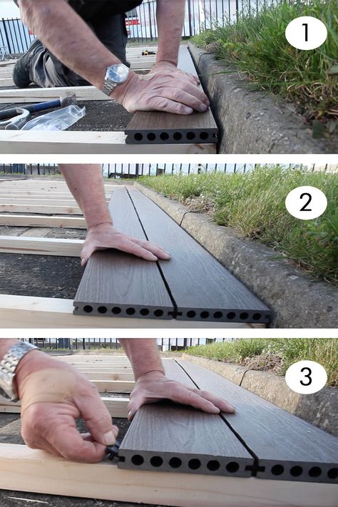 This article is going to teach you the best way to install composite decking. HOW TO INSTALL COMPOSITE DECKING After making your measurements and ensuring the ground is solid and even (having built any additional support structure for composite decking required), lay out your framework. The closer the spacing, the sturdier the frame. Also consider the thickness of your joists; the thicker and stronger your joists, the more secure your decking. Read more on our blog post by clicking here. Composite Decking Diy, Composite Decking Steps, Ground Deck, Composite Decking Designs, Trek Deck, Composite Wood Deck, Building A Floating Deck, Deck Maintenance, Decking Base