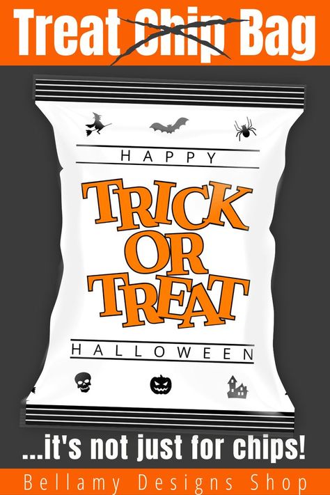 This Halloween themed chip bag isn't just for chips! Just fill this bag with Halloween treats and candy and you've got a fun and festive treat bag. Perfect for School Parties, Trick or Treaters, Halloween Party Favors and so much more! Trick Or Treat Party, Halloween Goodie Bags, Halloween Baskets, Trick Or Treaters, Snack Treat, Halloween Goodies, Halloween Party Favors, Small Toys, Festive Treats