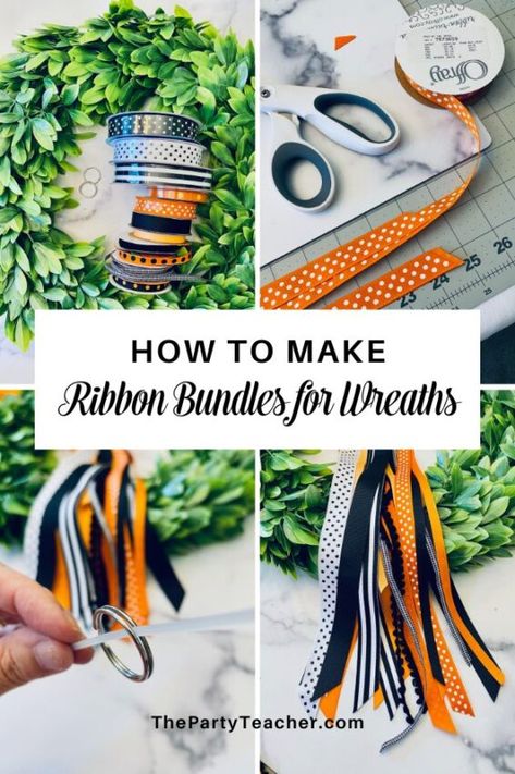 How to Add a Ribbon Bundle to a Wreath - The Party Teacher Ribbon For A Wreath, Ribbon Ideas For Wreaths, Ribbons For Wreaths How To Make, Ribbon Streamers Diy, Diy Ribbons For Wreaths, How To Make Ribbon Bundles For Wreaths, How To Make Wreaths With Ribbon, Ribbon On Wreaths Ideas, Ribbon Party Decor