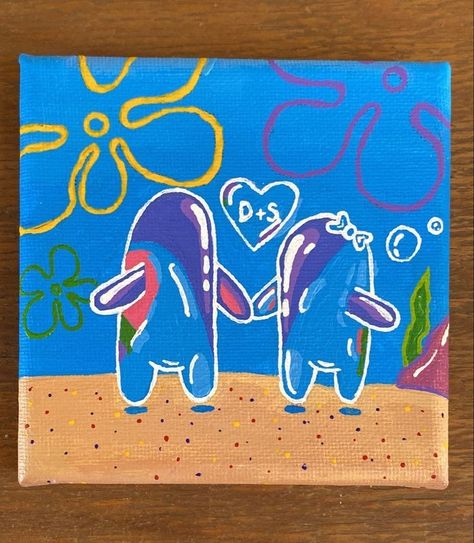 Cute Canvas For Couples, Cute Art For Girlfriend, Spongebob Bubble Buddy Painting, Paint Ideas For Best Friends, Paintings For Your Girlfriend, Spongebob Love Painting, Couple Things To Draw, How To Paint A Bubble, Bubble Buddy Painting