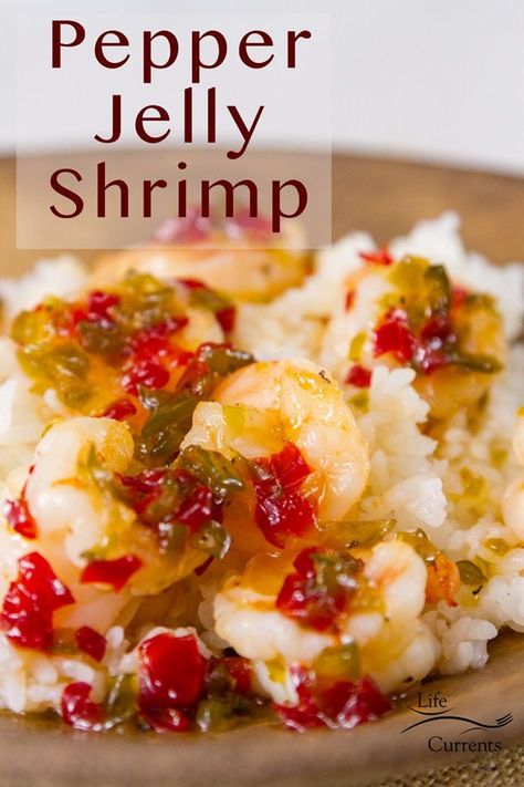 Seared shrimp tossed in a  sweet and spicy pepper jelly, serve them over rice or greens for a fun  and easy weeknight meal. These Pepper Jelly Shrimp will be a hit with  your family. Spicy Pepper Jelly, Seared Shrimp, Delicious Seafood Recipes, Yummy Seafood, Shellfish Recipes, Pepper Jelly, Easy Seafood Recipes, How To Cook Shrimp, Easy Weeknight Meals