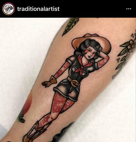 Western Themed Traditional Tattoos, Cowgirl Flash Art, Deck Of Cards Tattoo Western, Trad Cowgirl Tattoo, Pinup Tattoo Cowgirl, American Traditional Cowgirl Pinup, Old School Cowgirl Tattoo, Traditional Cowgirl Pinup Tattoo, Traditional Gunslinger Tattoo