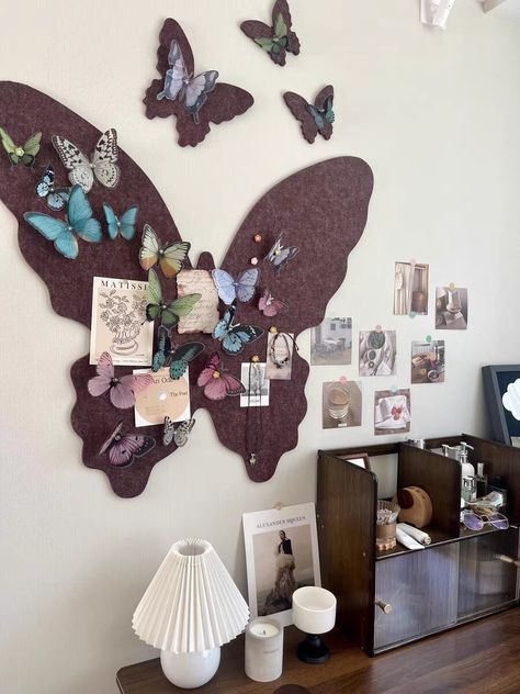 Butterfly Pin Board, Butterfly Gift Ideas, Butterfly Shapes Felt Wall Tiles, Wall Décor, Bulletin Board Price for the felt board only, not including any decoration. Order comes with masking tape, Velcro with adhesive, pushpins and a random gift. 3D butterflies decor https://jjspicks.etsy.com/listing/1701479828/32pcs-vivid-3d-butterfly-decoration Our felt tiles combine decorative aesthetics with practical performance. They are perfect for your home, office spaces, bedrooms, commercial buildings, school and recording studios. The felt tiles can easily be attached to a wall or most surfaces using the attached velcro with adhesive. And you can change the color combination or wash the felt tiles any time. ♥ INSTRUCTION 1. Adhere a strip of velcro to the wall by using the sticky back side, which Aesthetic Wall Decoration Ideas, L Shape Wall Decor, 3d Decoration Ideas, Paper Craft Ideas For Room Decor, Butterfly Pin Board, How To Make Your Room Aesthetic Diy, Butterfly Wall Decor Bedroom Ideas, Bulletin Board Ideas Aesthetic, Butterfly Room Decor Aesthetic