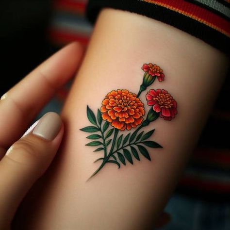 69 Outstanding And Meaningful Marigold Tattoo Ideas With Rays Of Hope! Marigold Hand Tattoo, Red Marigold Tattoo, Merigold Aesthetic Flower Tattoo, Marigold Tattoo Black And White, Marigold And Cosmos Tattoo, Coneflower Tattoo, Mexican Flower Tattoo, Snapdragon Tattoo, Marigold Flower Tattoo