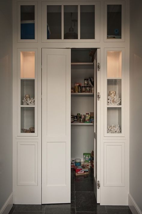 Walk-in pantry with bi-fold doors flanked by built-in display cabinets #kitchen Closet Remodel Diy, Cabinet Door Ideas, Kitchen Pantry Doors, Glass Pantry Door, Pantry Doors, Diy Pantry, Closet Remodel, Kitchen Cabinet Doors, Pantry Door