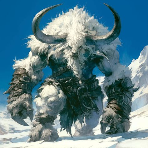 Snow Monster Art, Fantasy Beast Concept Art, Beastman Fantasy Art, Fantasy Race Concept Art, Minotaur Character Design, Fantasy Races Concept, Minotaur Art, Snow Creatures, Snow Monster