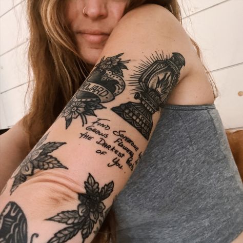 How To Piece Together A Sleeve Tattoo, Arm Peice Tattoo Sleeve Women, Thick Patchwork Tattoo, Piece Work Tattoos, Mix Style Tattoo Sleeve, Patched Sleeve Tattoo, Dark Patchwork Tattoo Sleeve, Celestial Patchwork Tattoo Sleeve, Tattoo Sleeve Women Traditional